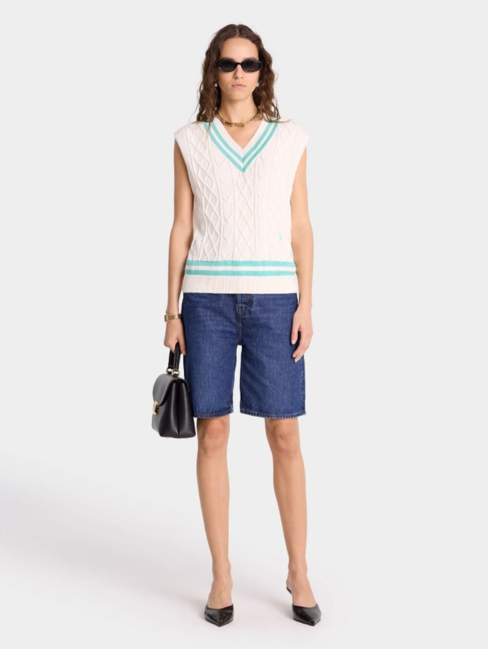 Sporty & Rich SRC Cableknit Vest - Off White/Caribbean - Size S